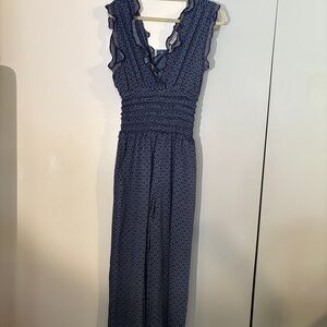 New Max Studio Navy Patterned Ruffled Sleeveless Wide Leg Jumpsuit XL pockets